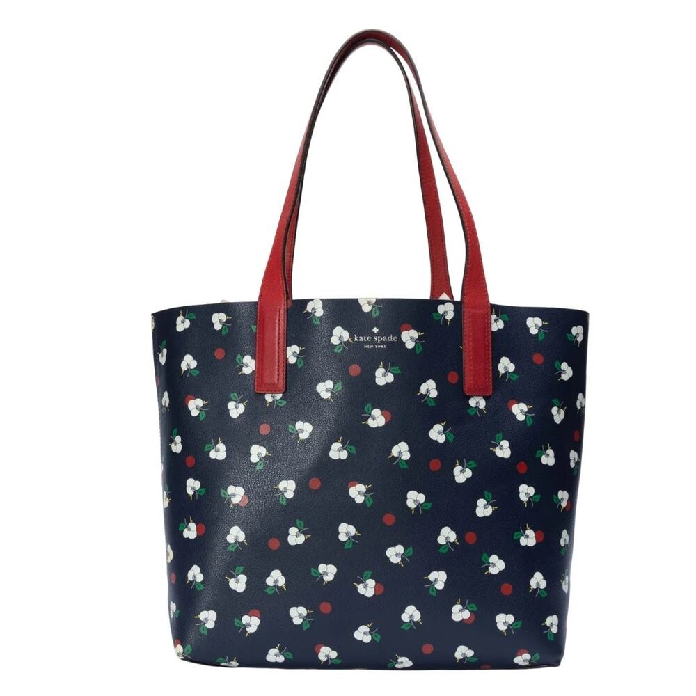 Kate Spade Mya Arch Place Reversible Tote Red Navy‎ Floral Leather Bag